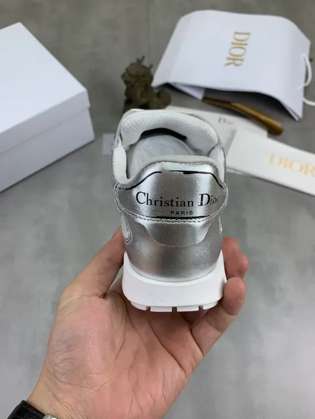 Dior Silver White Metallic Leather Contrast Laces Chunky Sneakers 3