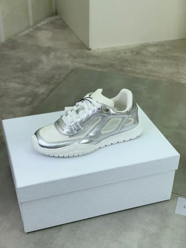 Dior Silver White Metallic Leather Contrast Laces Chunky Sneakers 4