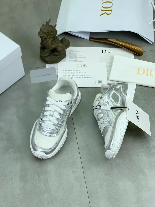 Dior Silver White Metallic Leather Contrast Laces Chunky Sneakers 5