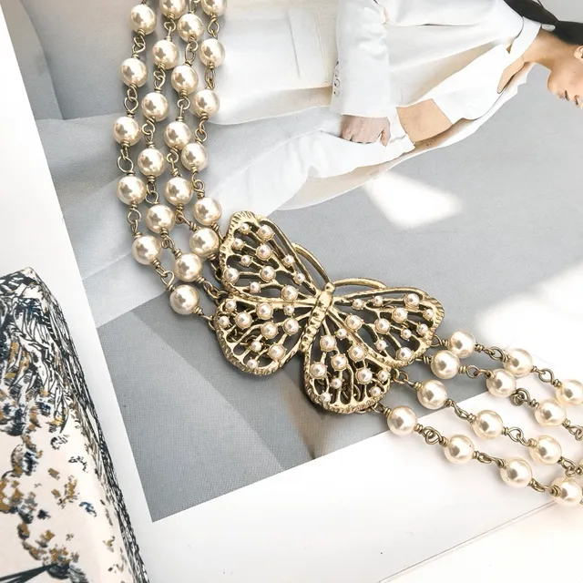 Dior Toile de Jouy Papillon Matte Gold and White Resin Pearl Necklace 2
