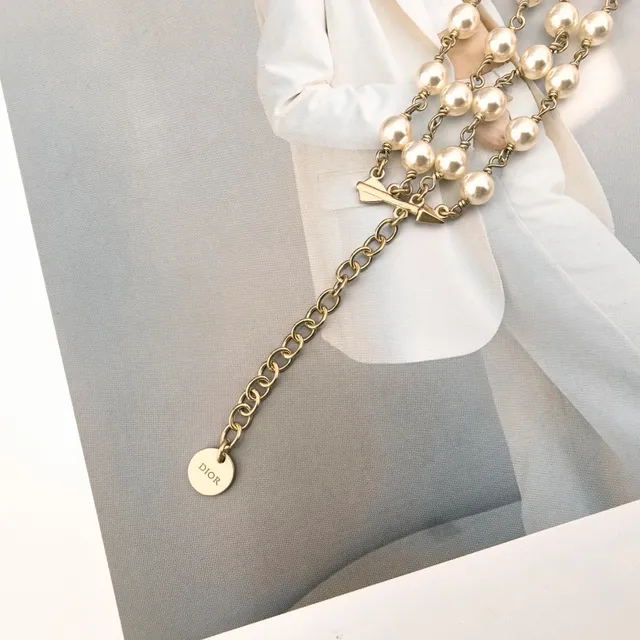 Dior Toile de Jouy Papillon Matte Gold and White Resin Pearl Necklace 3
