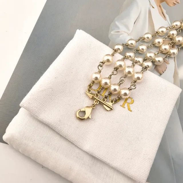 Dior Toile de Jouy Papillon Matte Gold and White Resin Pearl Necklace 4