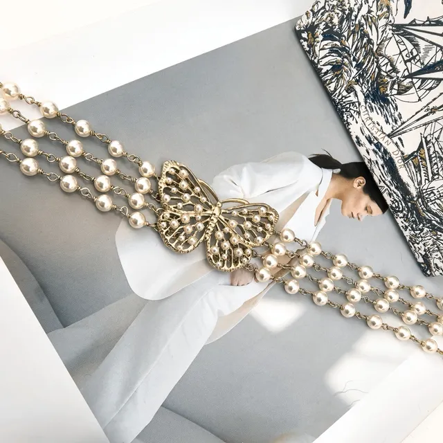 Dior Toile de Jouy Papillon Matte Gold and White Resin Pearl Necklace 5