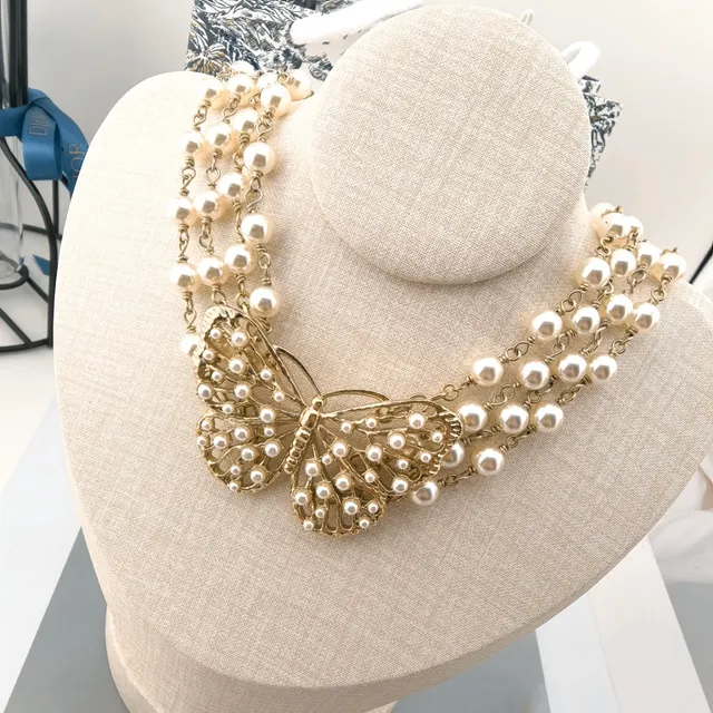 Dior Toile de Jouy Papillon Matte Gold and White Resin Pearl Necklace 6