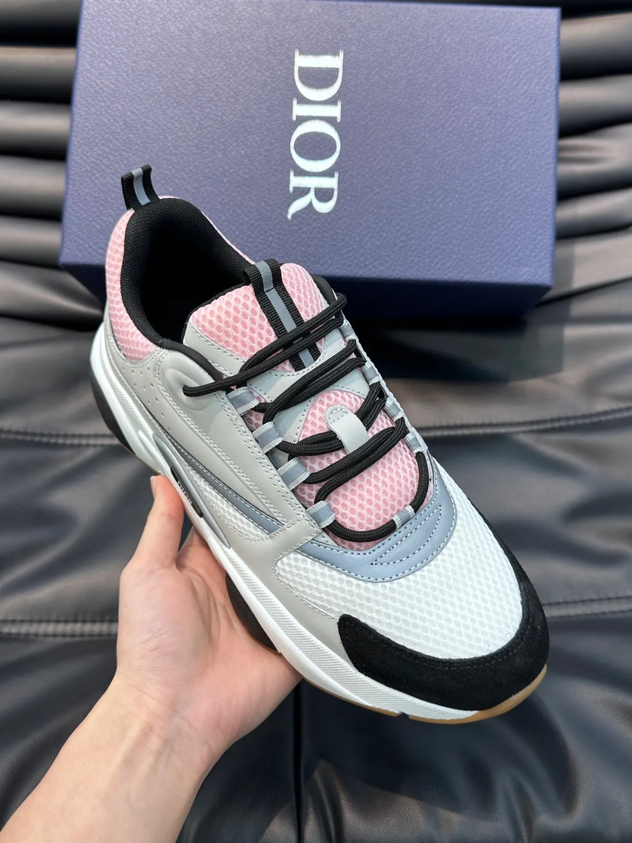 Dior White Pink Sole Mesh And Synthetic Overlay Construction Chunky Sneakers 5