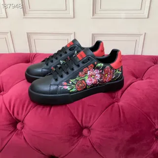 Dolce & Gabbana Black Red Floral-Print Side Panel Leather Upper Lifestyle Sneakers