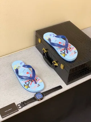 Dolce & Gabbana Graphic-Print Light Blue and Navy Slippers 2