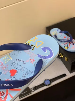 Dolce & Gabbana Graphic-Print Light Blue and Navy Slippers 3