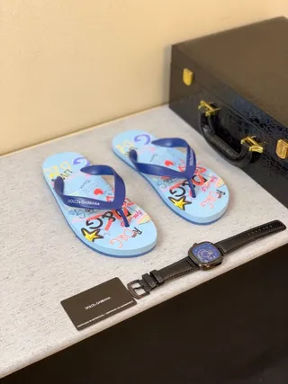Dolce & Gabbana Graphic-Print Light Blue and Navy Slippers 4