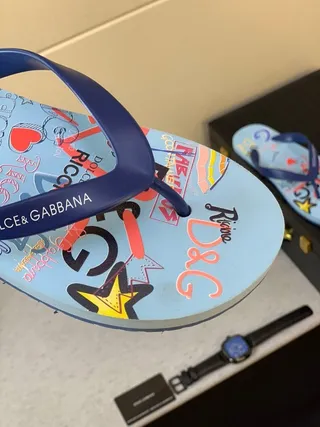 Dolce & Gabbana Graphic-Print Light Blue and Navy Slippers 9