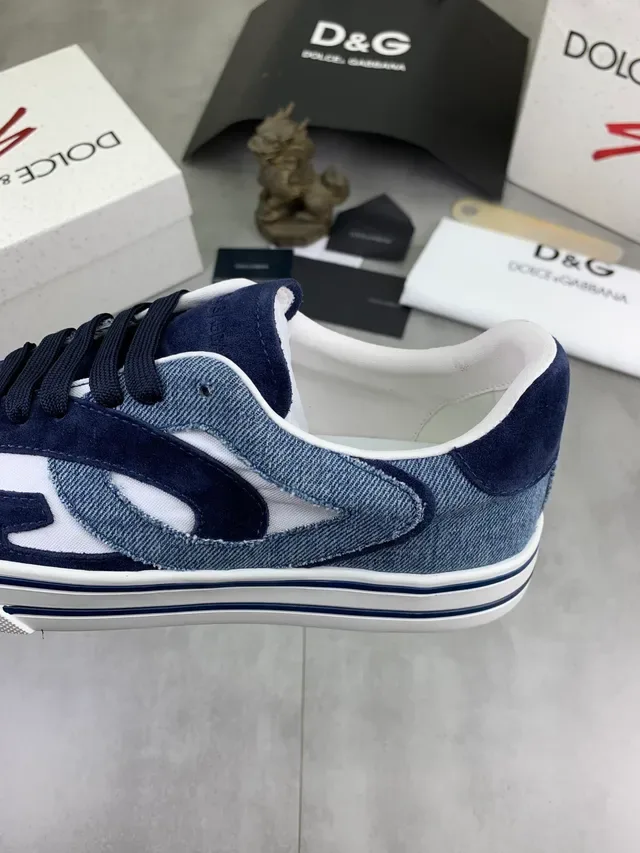 Dolce & Gabbana Portofino Bleu Marine Blanc Daim Et Denim Patchwork Toile Panneau De Contraste Sneakers Lifestyle 3
