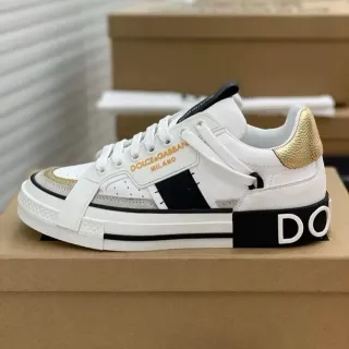 Dolce & Gabbana White Gold حزام الطبقة غير المتماثل لوحات أحذية رياضية نمط حياة