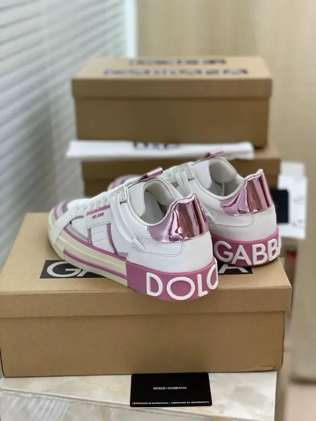 Dolce & Gabbana أبيض وردي جلد علوي سول منصة حذاء رياضي أسلوب حياة 5