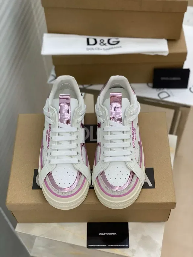 Dolce & Gabbana أبيض وردي جلد علوي سول منصة حذاء رياضي أسلوب حياة 7