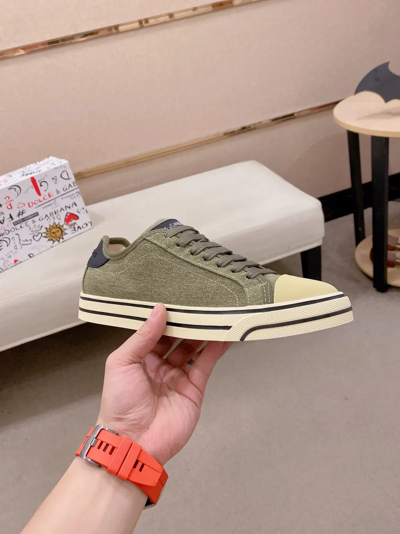 Dolce & Gabbana Vert Armée Beige Toile Embout Caoutchouc Sneakers Lifestyle 5