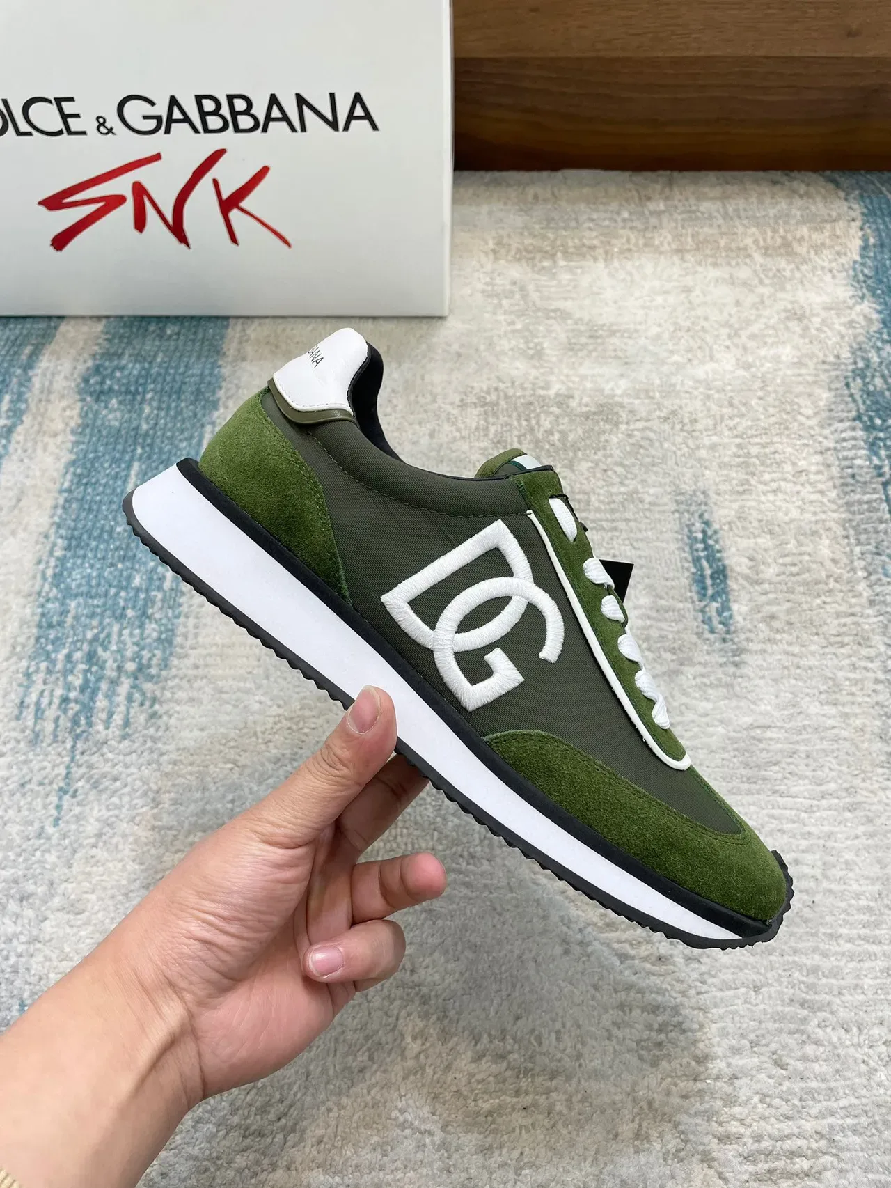 Dolce & Gabbana Army Green White Olive Suede And Textile Upper DG Monogram Overlay Lifestyle Sneakers 5