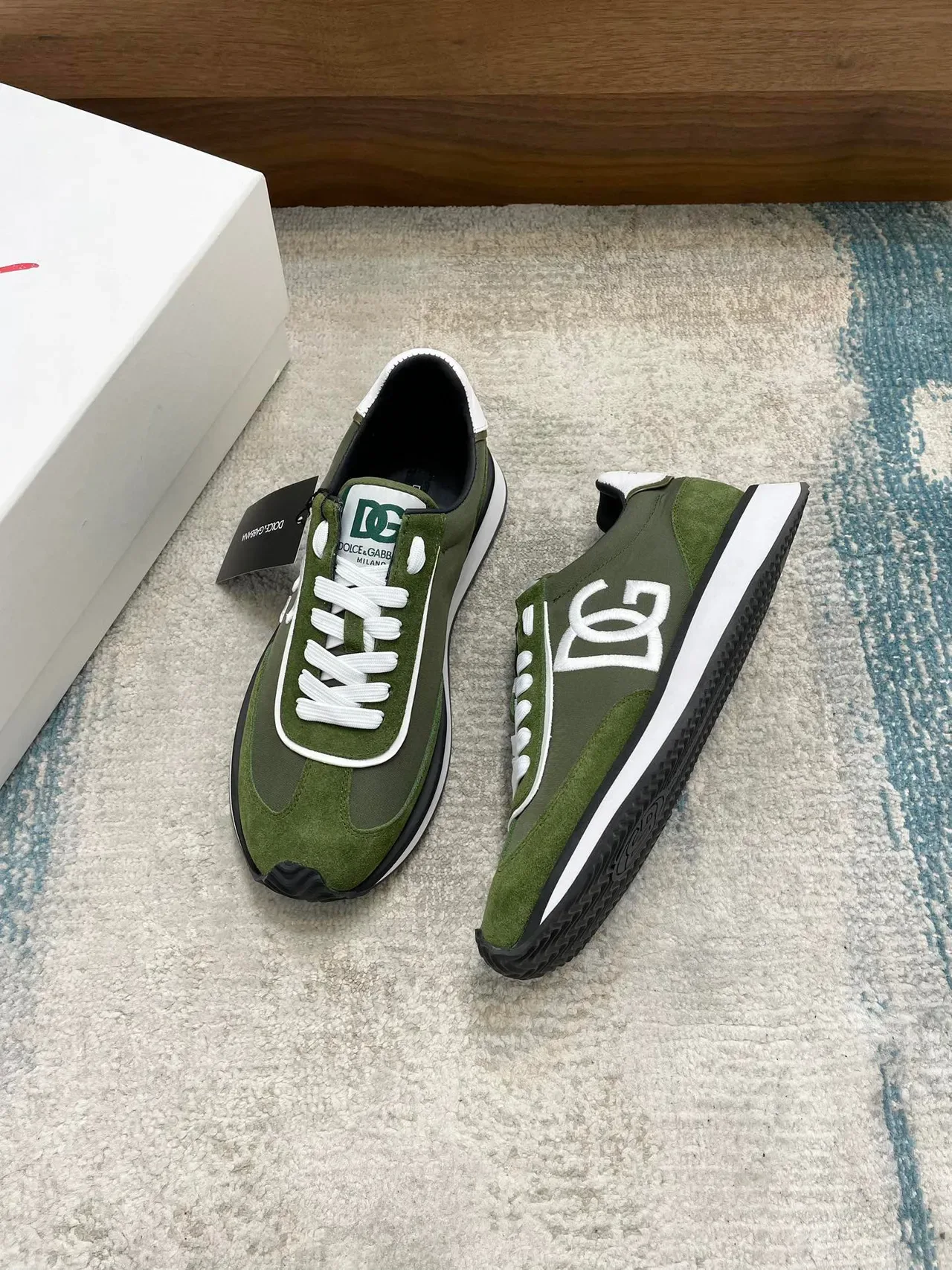 Dolce & Gabbana Army Green White Olive Suede And Textile Upper DG Monogram Overlay Lifestyle Sneakers 7