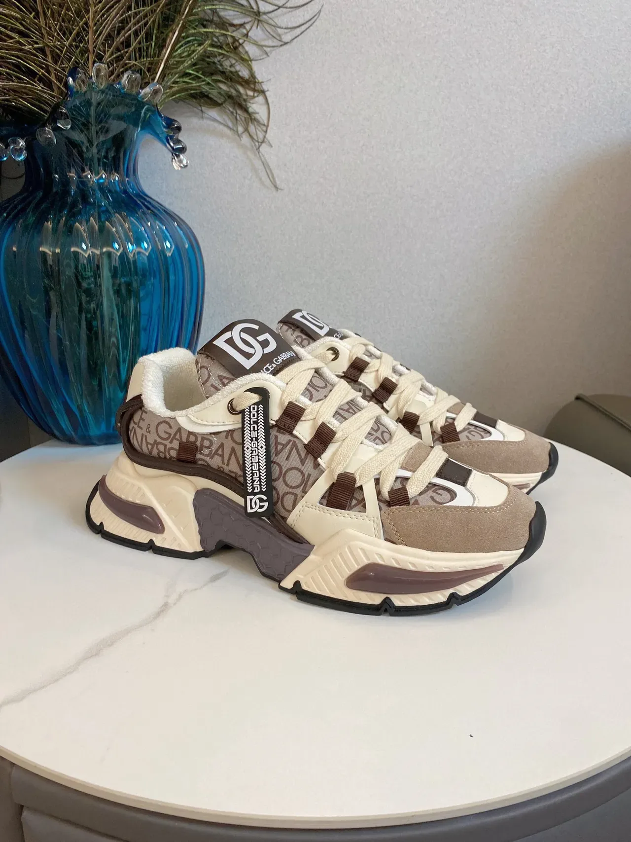 Dolce & Gabbana Semelle Beige Marron Impression Logo Haut Textile Sneakers Chunky 2