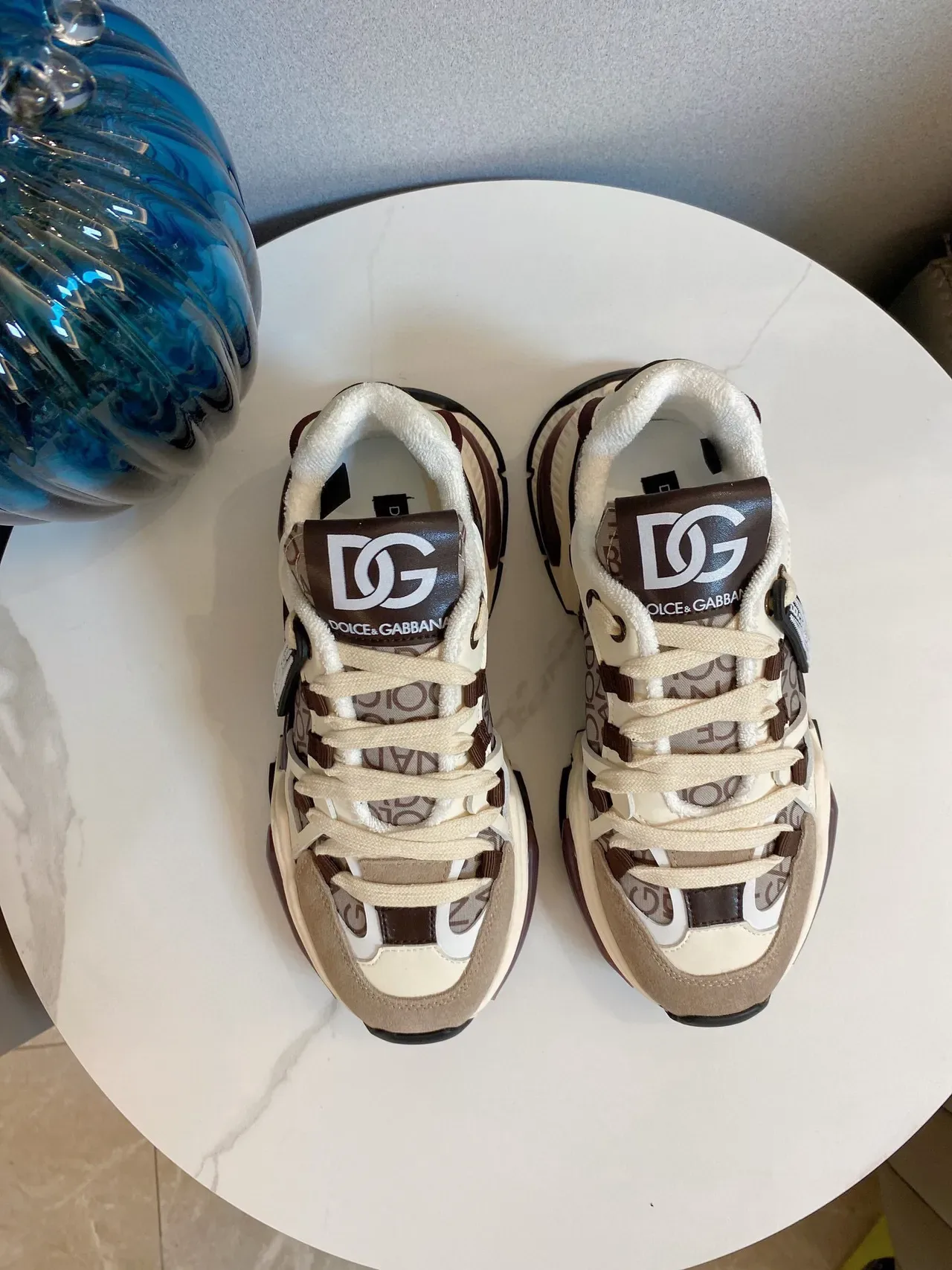 Dolce & Gabbana Semelle Beige Marron Impression Logo Haut Textile Sneakers Chunky 3