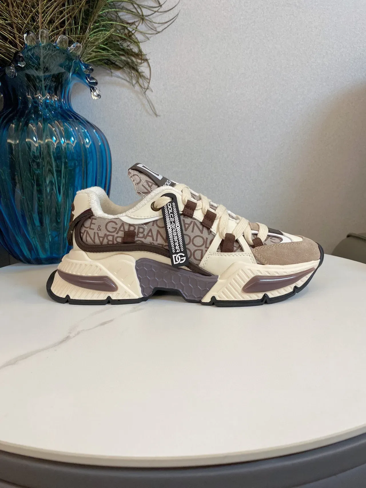 Dolce & Gabbana Semelle Beige Marron Impression Logo Haut Textile Sneakers Chunky 4