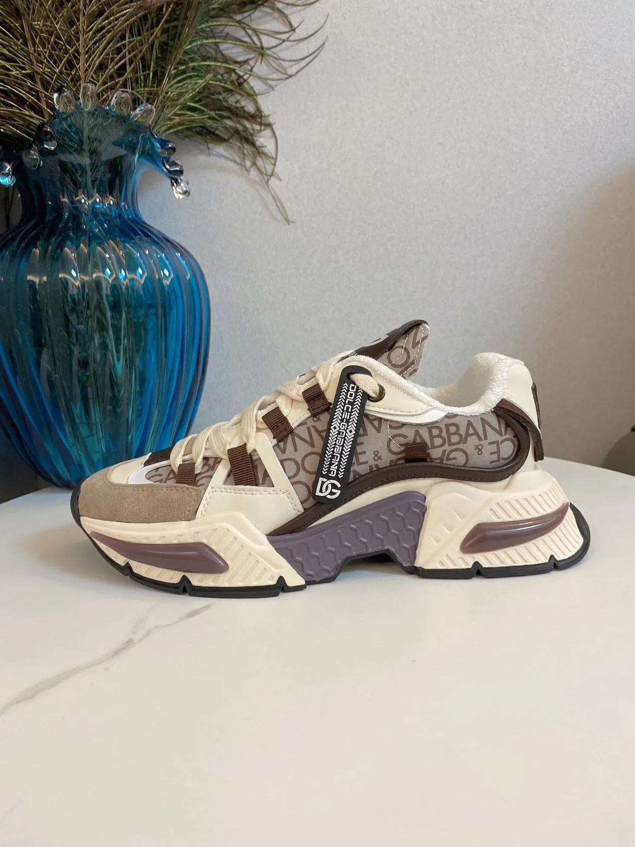 Dolce & Gabbana Semelle Beige Marron Impression Logo Haut Textile Sneakers Chunky 5