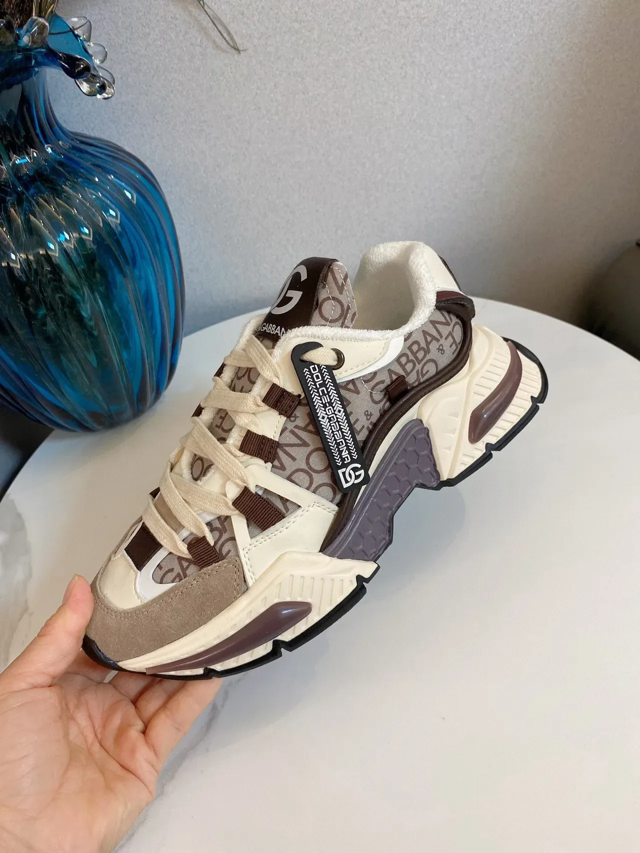 Dolce & Gabbana Semelle Beige Marron Impression Logo Haut Textile Sneakers Chunky 6