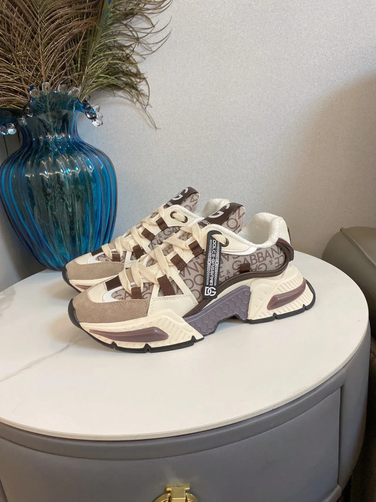 Dolce & Gabbana Semelle Beige Marron Impression Logo Haut Textile Sneakers Chunky 7
