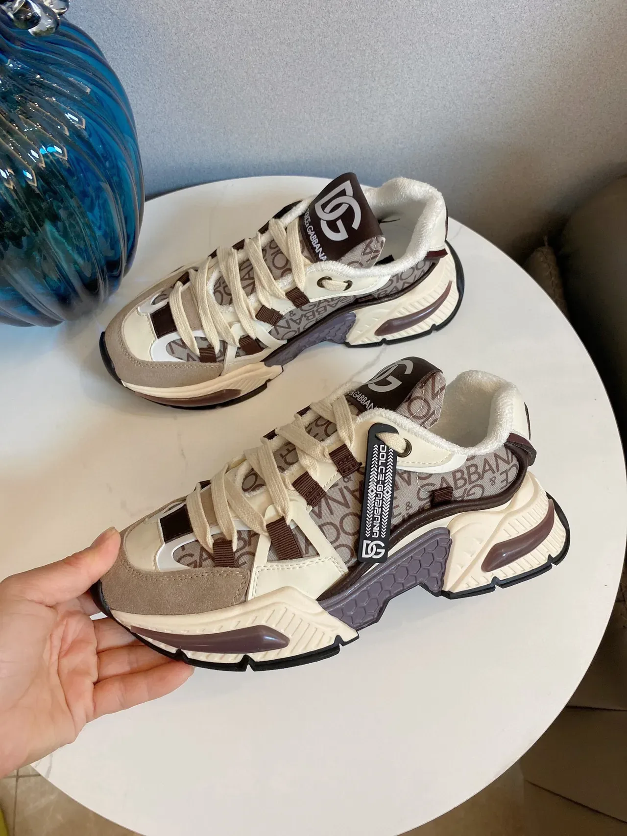 Dolce & Gabbana Semelle Beige Marron Impression Logo Haut Textile Sneakers Chunky 8