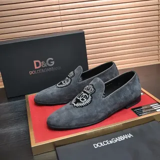 Dolce & Gabbana Embroidered Crest Charcoal Suede Loafers