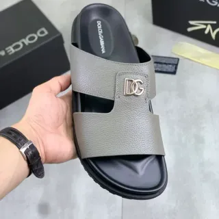 Dolce & Gabbana Gray Black Pebbled Leather Double-Strap Slippers