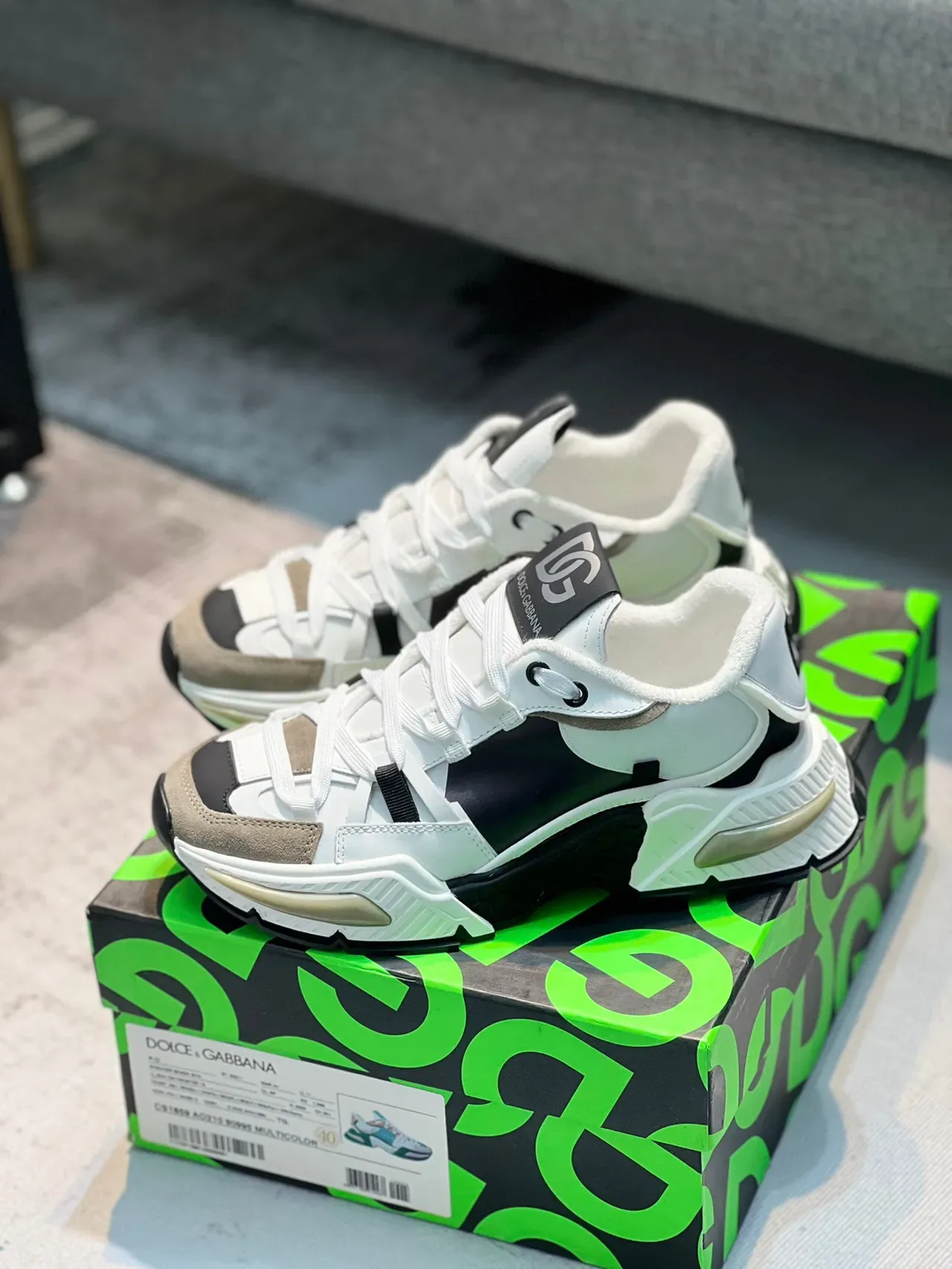 Dolce & Gabbana NS1 Sneakers Chunky Branco Preto Multi-Material Sola Esculpida 8