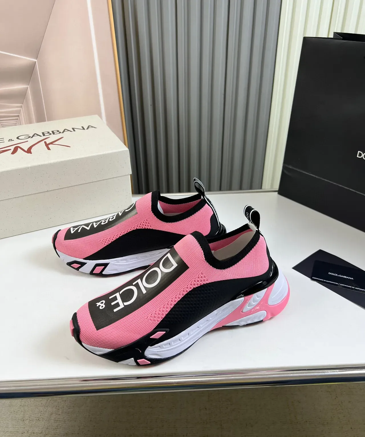 Dolce & Gabbana Pink Black Knit Slip-On Chunky Sculpted Sole Lifestyle Sneakers 8