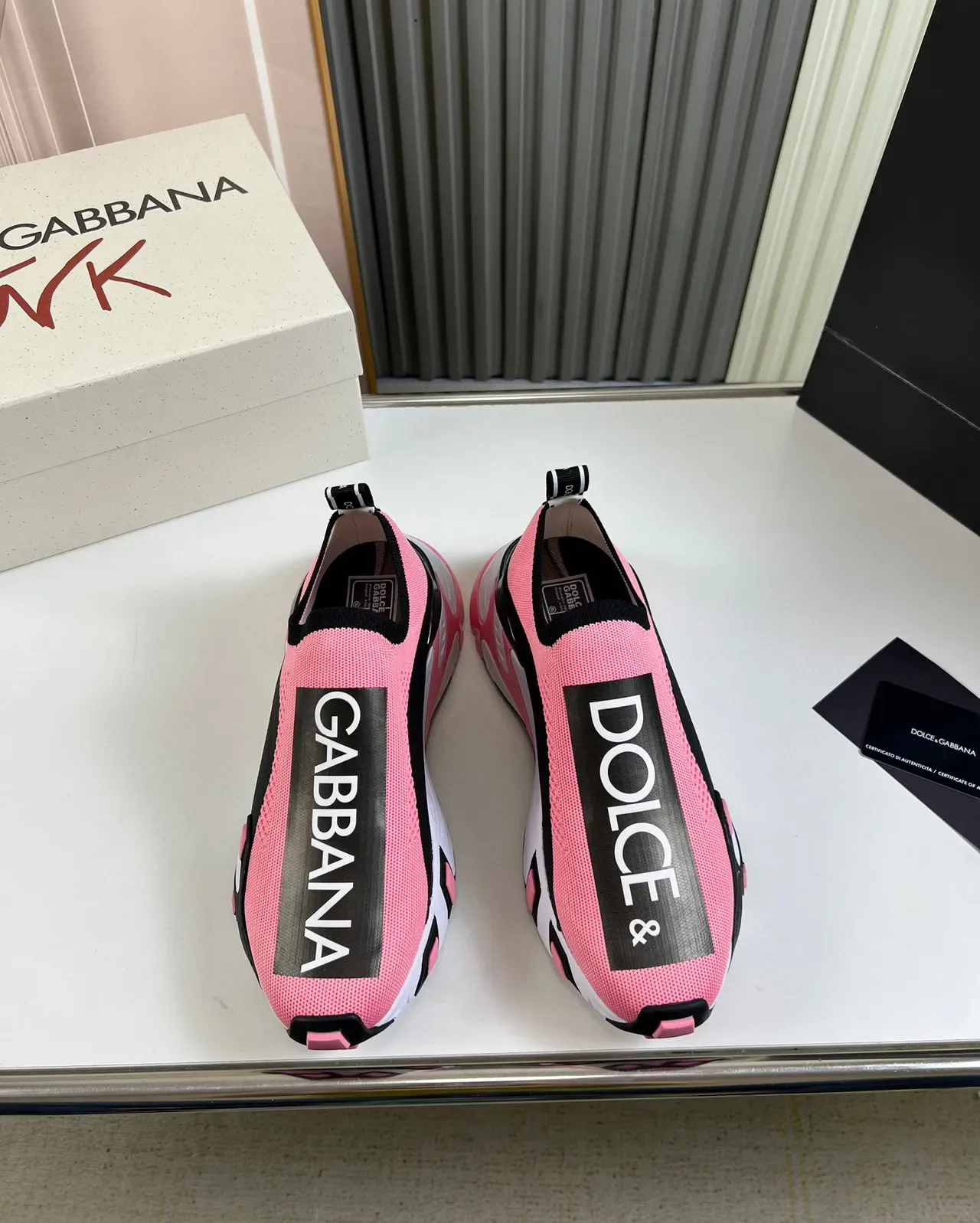 Dolce & Gabbana Pink Black Knit Slip-On Chunky Sculpted Sole Lifestyle Sneakers 9