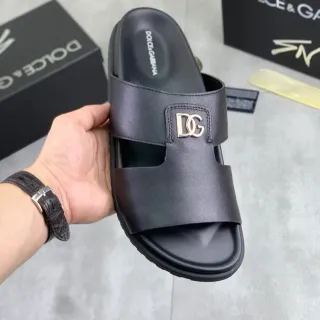 Dolce & Gabbana Portofino 黑色皮革 DG Logo 拖鞋