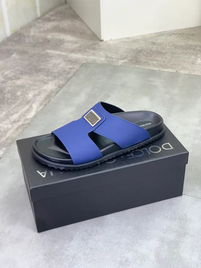 Dolce & Gabbana Portofino Chinelos de Couro Pebbled Azul Deslizante 4