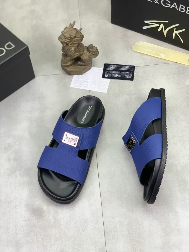 Dolce & Gabbana Portofino Chinelos de Couro Pebbled Azul Deslizante 5