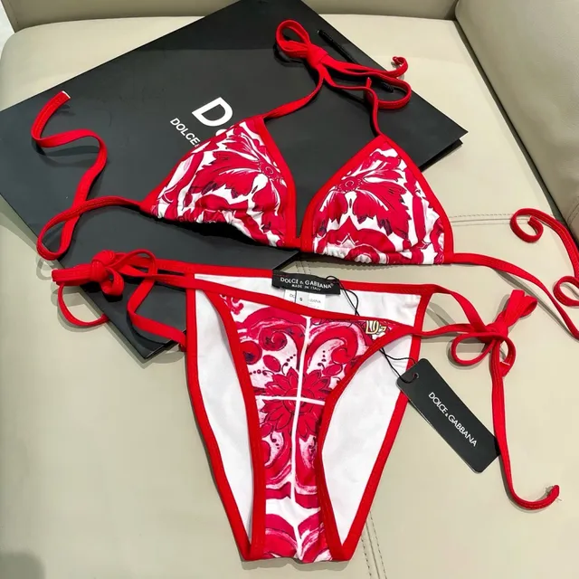 Dolce & Gabbana Red White Baroque Floral Print Triangle Halter Top Swimwear 2