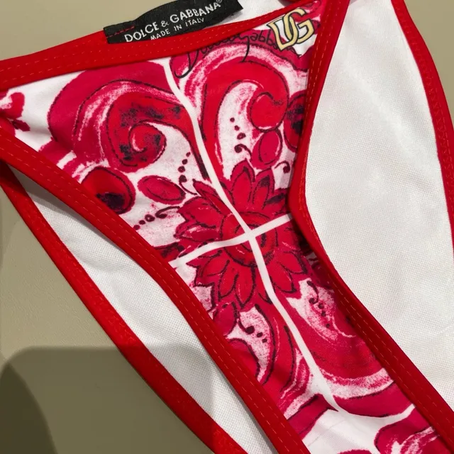 Dolce & Gabbana Red White Baroque Floral Print Triangle Halter Top Swimwear 3