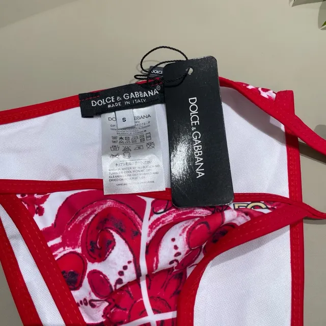 Dolce & Gabbana Red White Baroque Floral Print Triangle Halter Top Swimwear 4