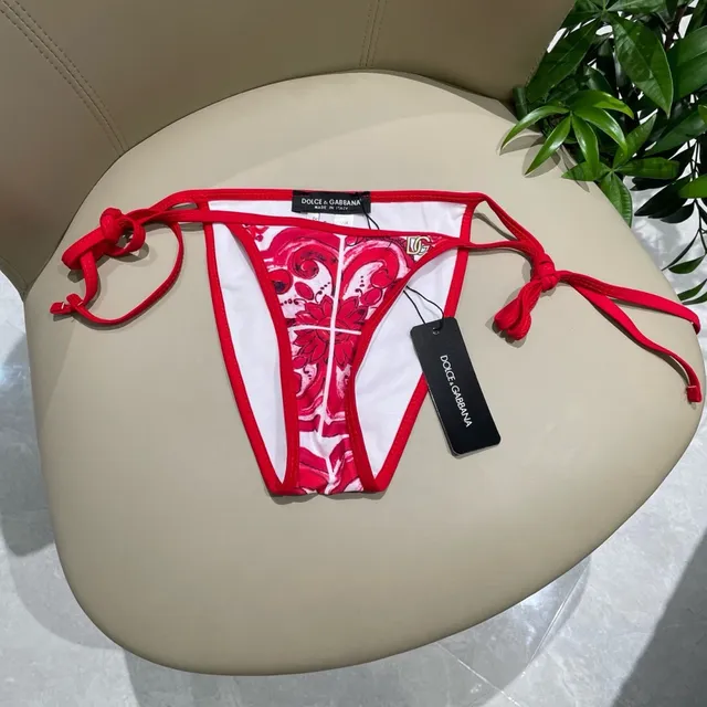 Dolce & Gabbana Red White Baroque Floral Print Triangle Halter Top Swimwear 5