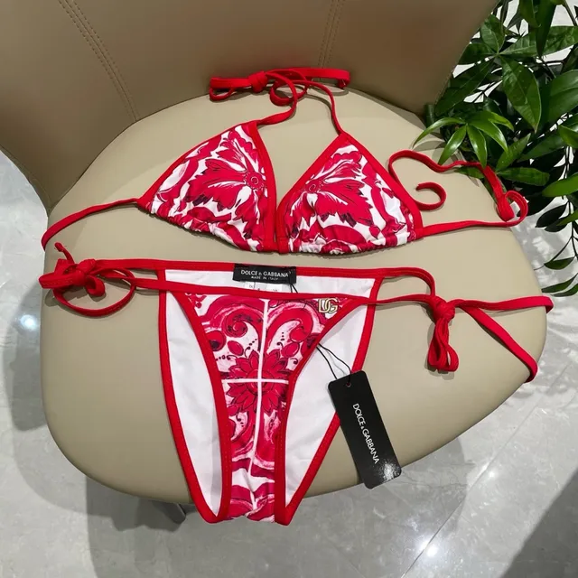 Dolce & Gabbana Red White Baroque Floral Print Triangle Halter Top Swimwear 6