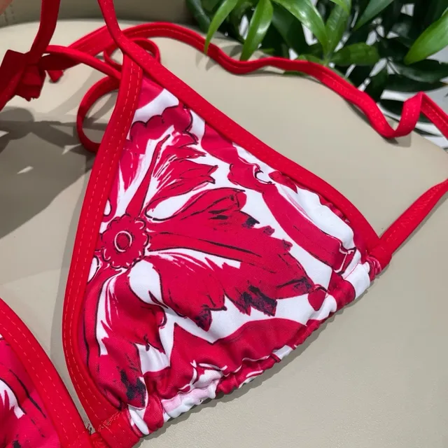 Dolce & Gabbana Red White Baroque Floral Print Triangle Halter Top Swimwear 7