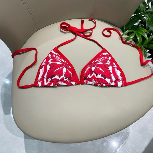 Dolce & Gabbana Red White Baroque Floral Print Triangle Halter Top Swimwear 8