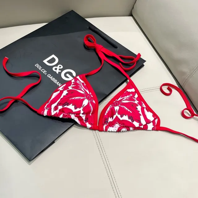 Dolce & Gabbana Red White Baroque Floral Print Triangle Halter Top Swimwear 9