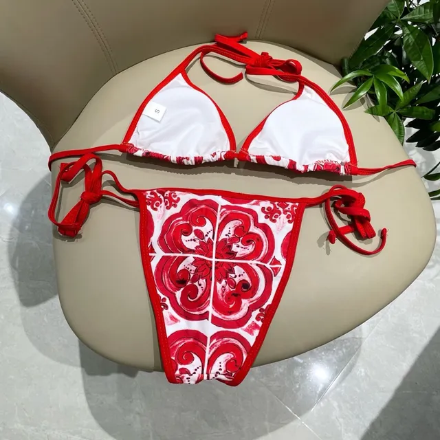 Dolce & Gabbana Red White Baroque Floral Print Triangle Halter Top Swimwear 10