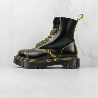 Dr. Martens Black Yellow Leather Contrast Stitching Martin Boots