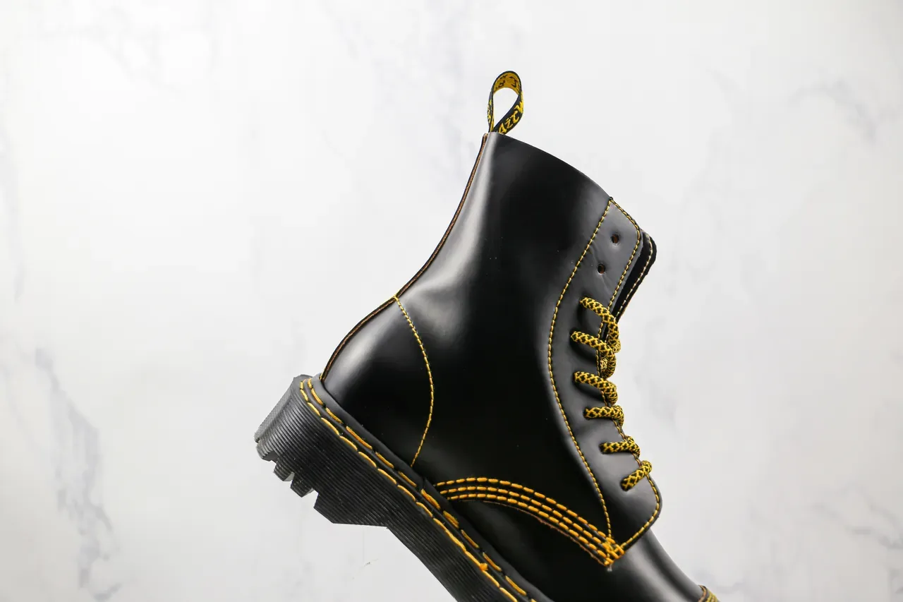 Dr. Martens Black Yellow Leather Contrast Stitching Martin Boots 6