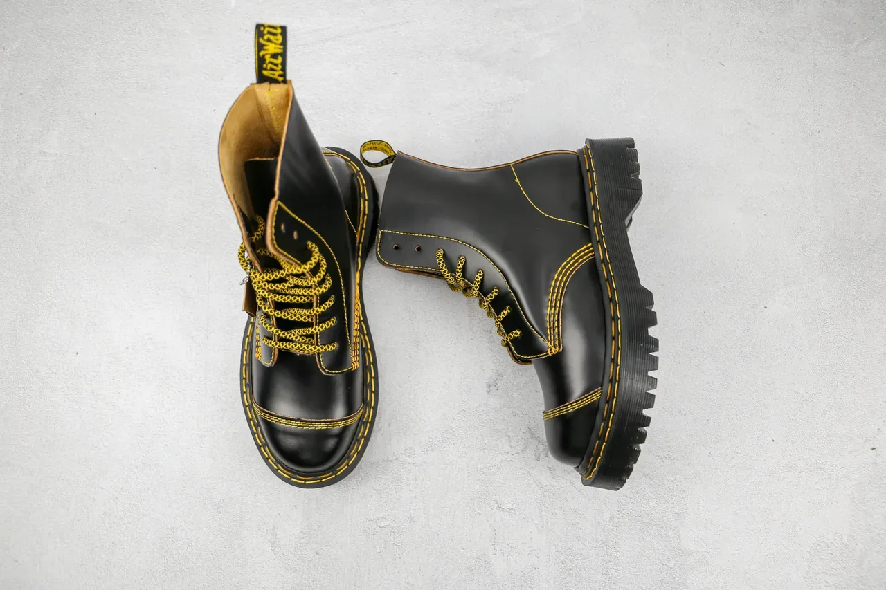 Dr. Martens Black Yellow Leather Contrast Stitching Martin Boots 8