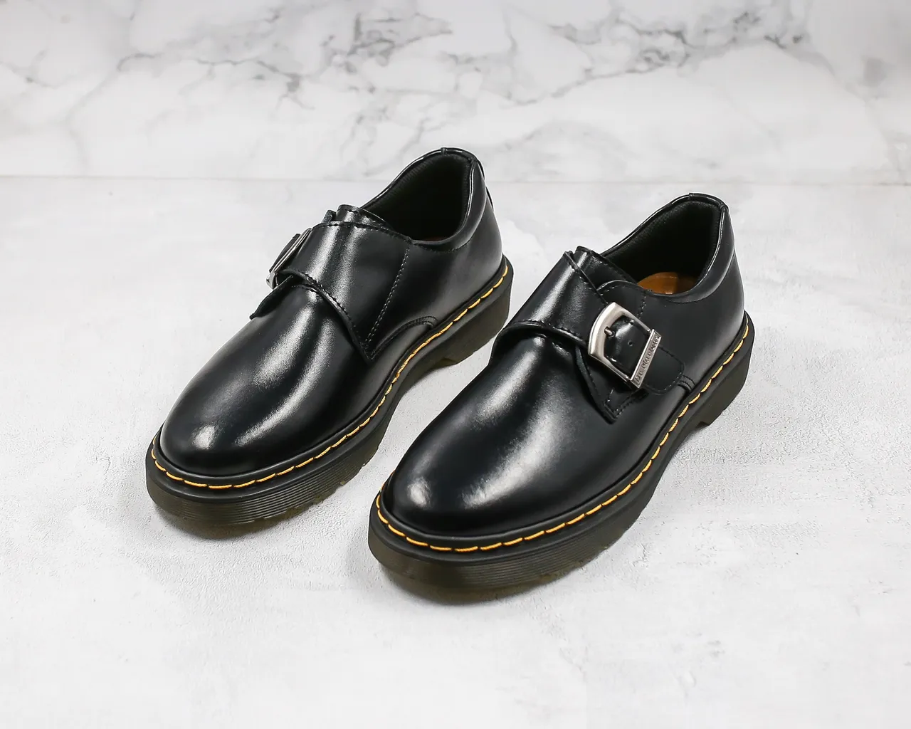 Dr. Martens Black Yellow Monk Strap Buckle Closure Loafer 7