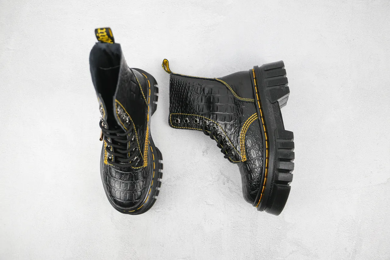 Dr. Martens Jadon Noir Jaune Cuir embossé crocodile Couture contrastante Bottes Martin 3